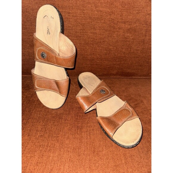Clarks Leisa Lacole Women's size 12‎ Brown Leather Slide Sandals Slip On Comfort - Picture 1 of 10